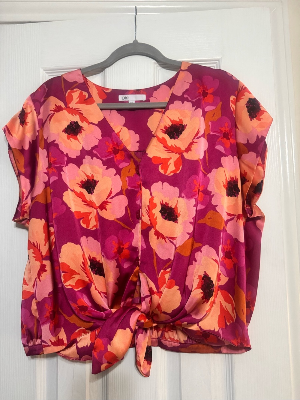 DR2 Pink/Plum and Orange Floral Satin Tie-Front Blouse
